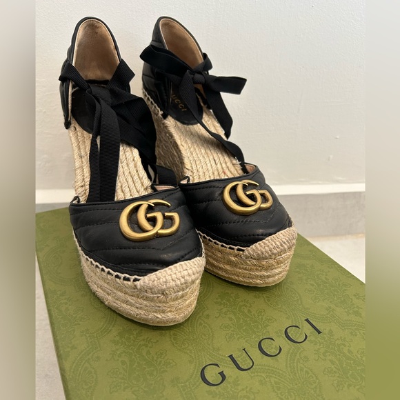 Gucci Shoes - Gucci Espadrilles Leather Black Wedge Heel